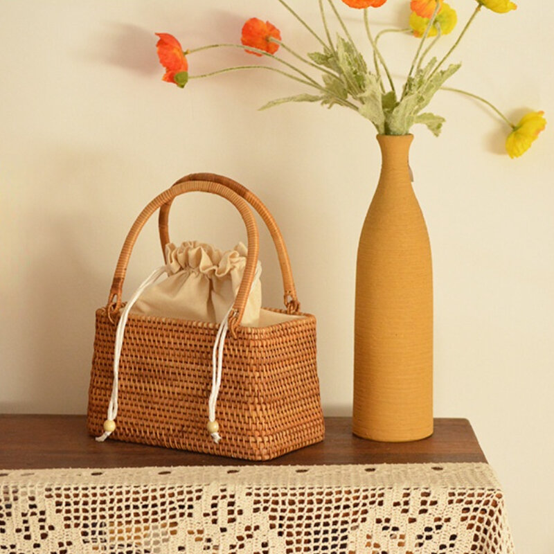 2022 Summer Pure Handmade Basket Exotic Storage Picnic Outing Beach Bag Hand Woven Rattan Handbag Straw Hollow Out Tote Bucket