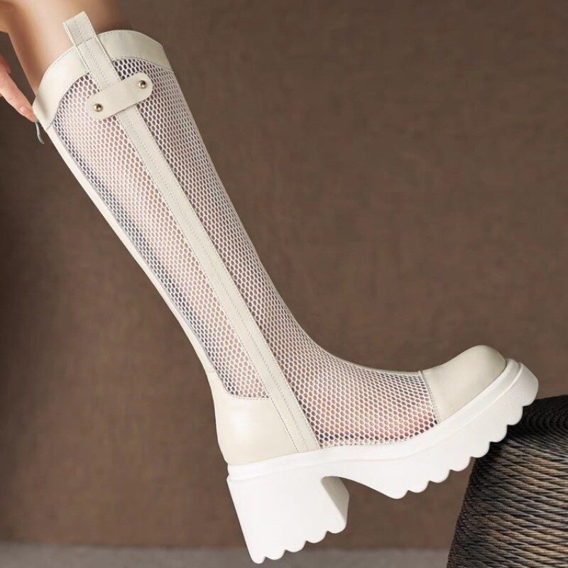 รองเท้าบูทซิปยาวแฟชั่นใหม่2024สำหรับผู้หญิงรองเท้าบูท Comfort ลำลองตาข่ายระบายอากาศได้รองเท้าบูทส้นหนากลวงสำหรับฤดูร้อน