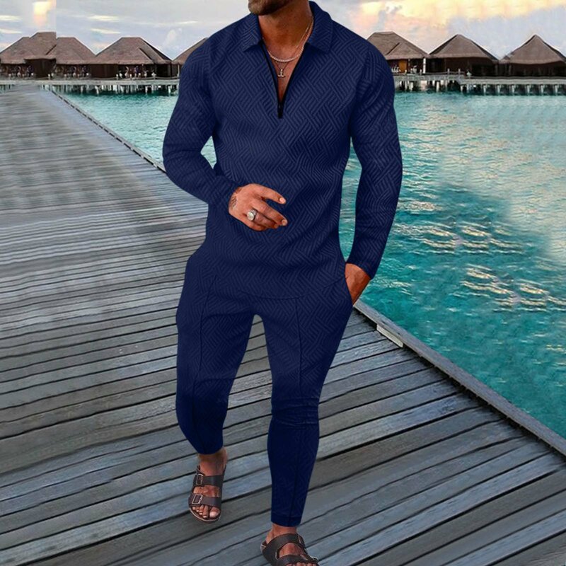 Abito da uomo autunnale moda Casual Plaid stampato 2022 POLO a maniche lunghe con cerniera con risvolto da uomo + pantaloni da jogging Set di due pezzi