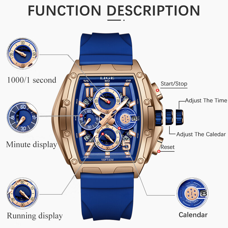 남성용 탑 LIGE 브랜드 캐주얼 패션 시계, 남성용 스포츠 밀리터리 실리카겔 손목 시계, 크로노그래프 시계, 신제품