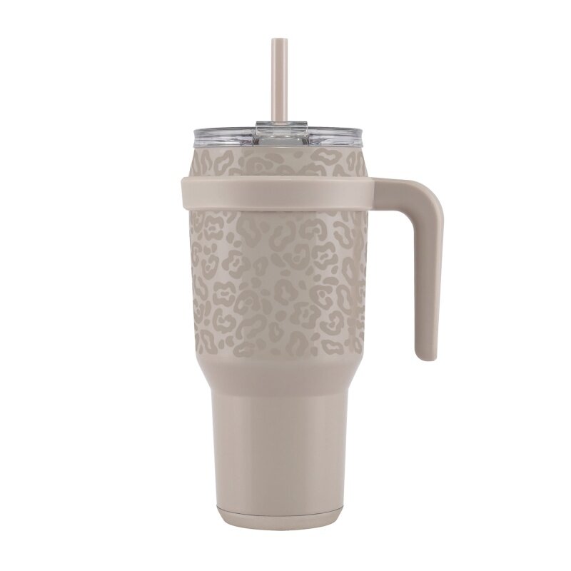 Reduce Vacuum Insulated Stainless Steel Cold1 Tumbler with Handle, Lid, and Straw, Sand Leopard Print, 40 oz.