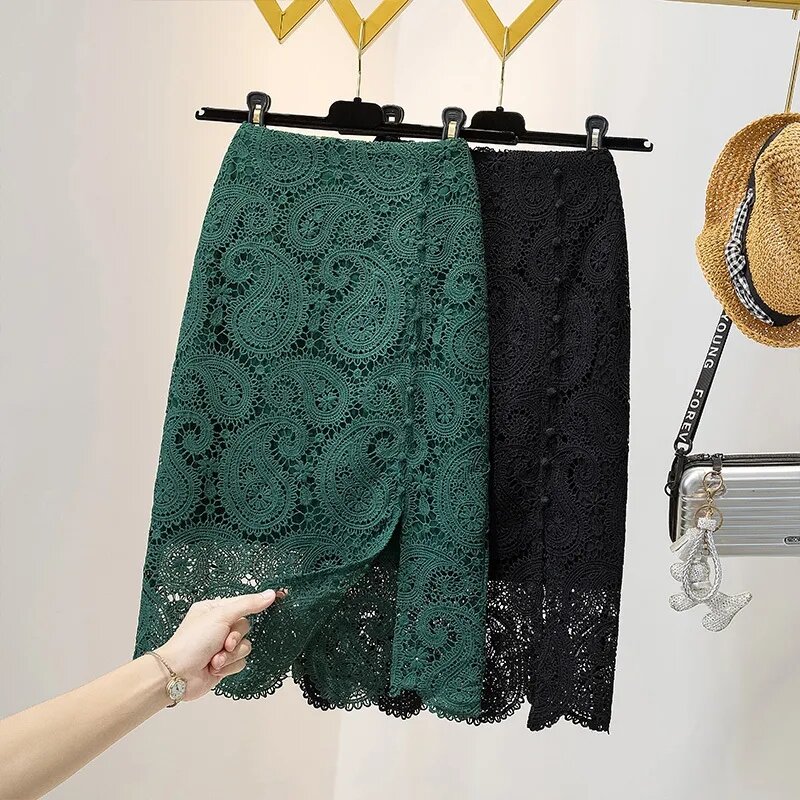 Women's Clothing 2023 Spring And Aummer New Fashion Loose Lace Bag Hip Mid Black Skirts Faldas Mujer Moda Vetement Femme Jupe