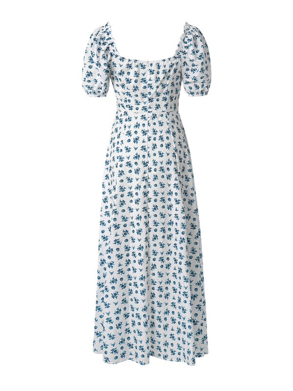 Elegancka damska długa sukienka z kwiatowym wzorem krótki bufiasty rękaw kwadratowa dekolt z falbanką huśtawka plażowa hawajska sukienka Maxi