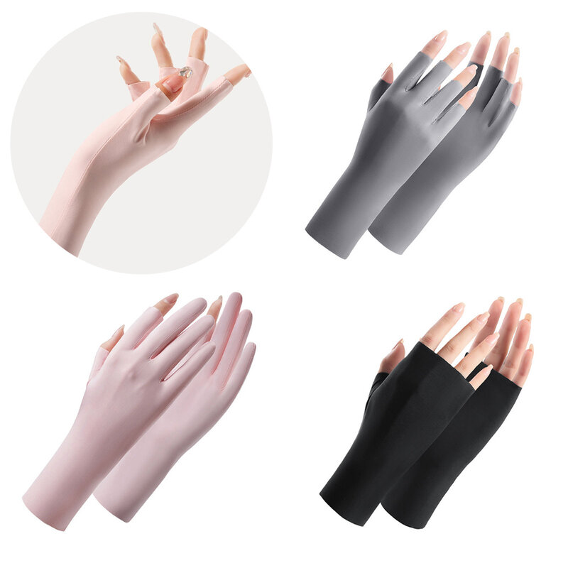 Sarung tangan pelindung UV tanpa jari wanita, sarung tangan wanita perlindungan UV tipis antilembap sutra es berkendara luar ruangan musim panas UPF50 +