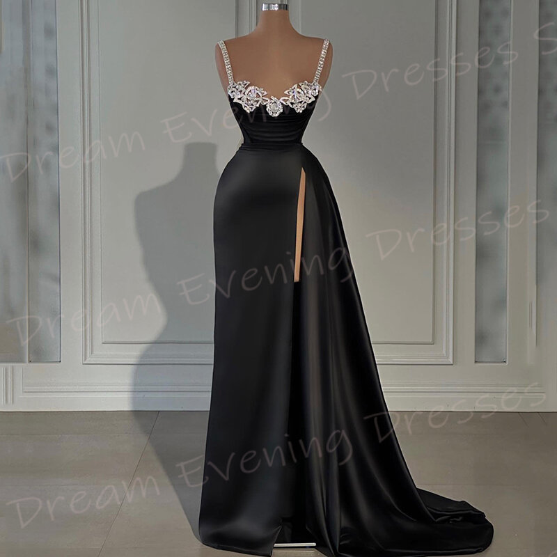 Vestidos de noite feminino sereia preta, alça de espaguete clássica, vestidos de baile frisados, divisão lateral alta, charmoso, moderno