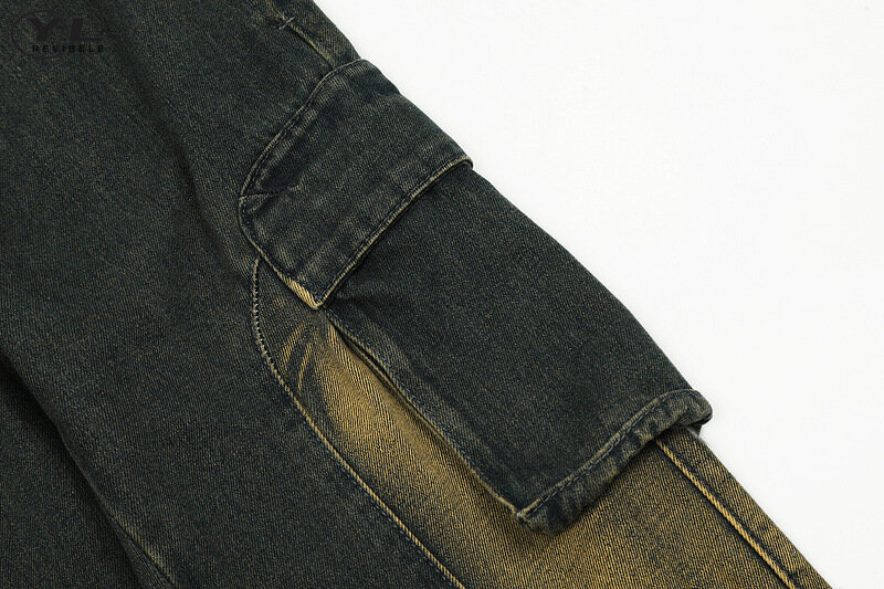 Pantalones vaqueros desgastados con múltiples bolsillos para hombre y mujer, pantalón de mezclilla Cargo recto lavado, Vintage, holgado, Micro cuerno