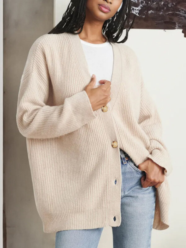 Women Elegant Long Sleeve V Neck Single Breasted Loose Knitwear Outwear Autumn Winter Knitted Cardigan Sweater Top Jumper Jacket