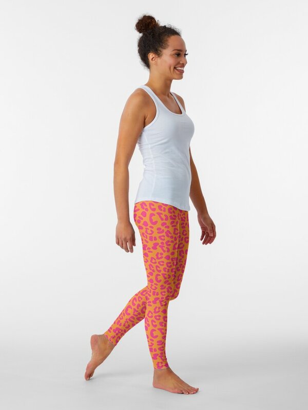 Leggings à imprimé léopard pour femmes, ensemble de fitness, vêtements d'exercice de gym, motif orange et rose vif, années 80