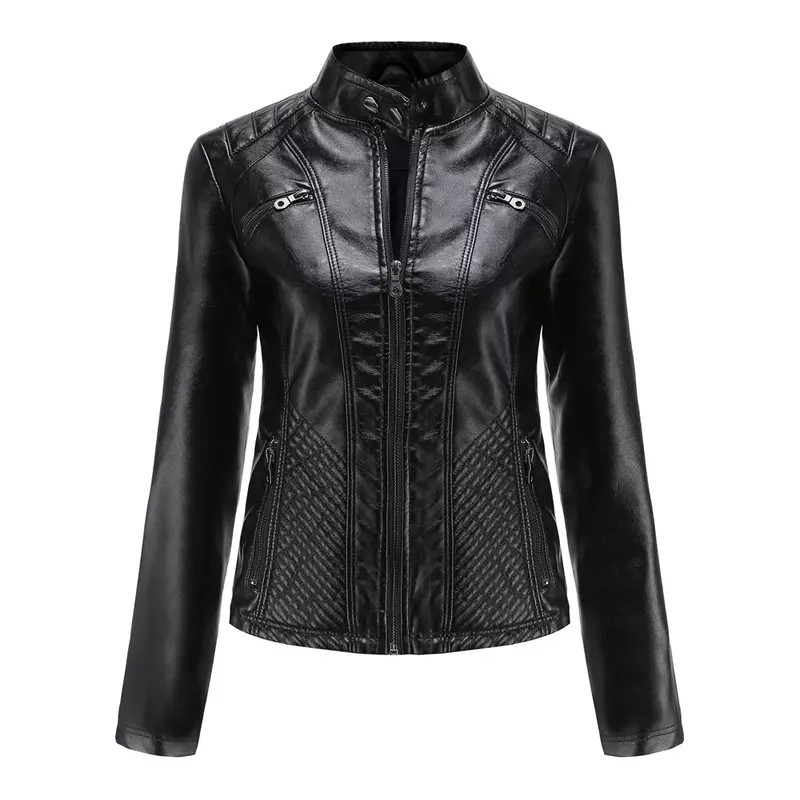 Женское пальто, модная трендовая простая осенне-зимняя мотоциклетная куртка из искусственной кожи на молнии с аналоговым воротником для женщин