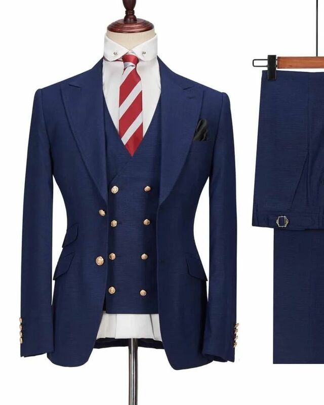 Niebieski zestaw garnitury męskie 3-częściowy blezer + kamizelka + spodnie formalne biuro pan młody smoking ślubny na zamówienie kurtka na studniówkę