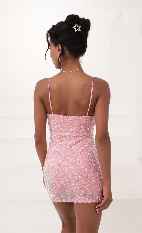 Pink Sexy Sequins Bodycon Short Party Dress For Women Spaghetti Strap Sparkly Nightclub Gowns Fashion Backless Lady Prom Dresses