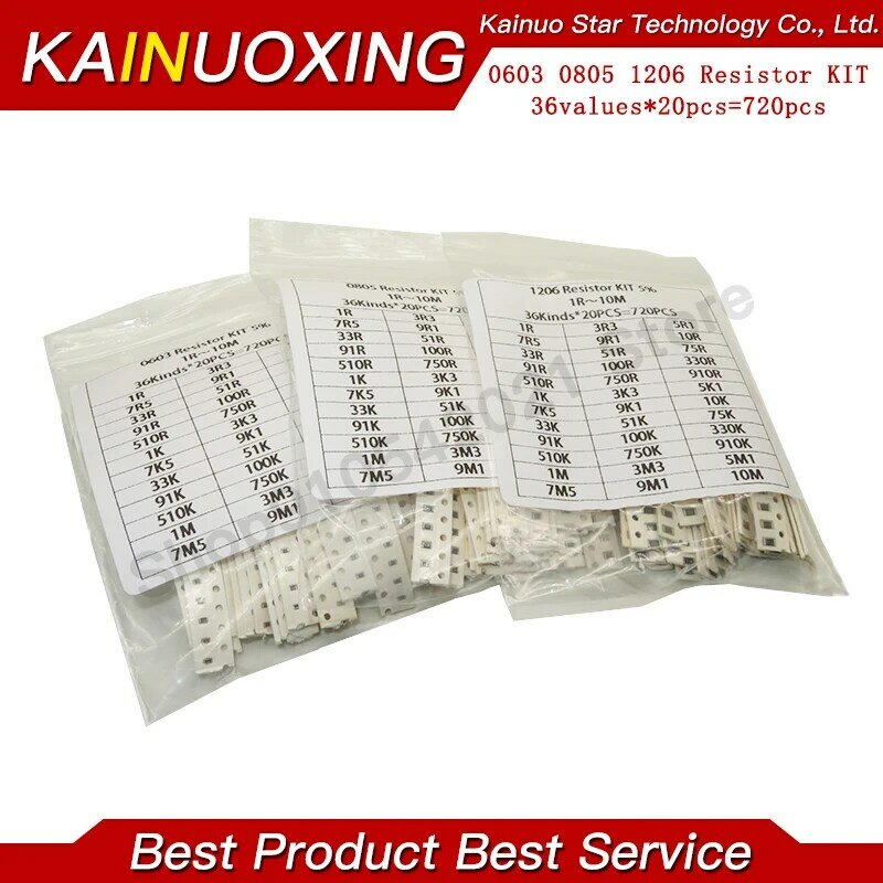 KAINUOXING-Kit de Resistor SMD Sortido, 0402 0603 0805 1206 1210 2512, 1K 10K 100K 1R 10R 100R 220R 1% 5%