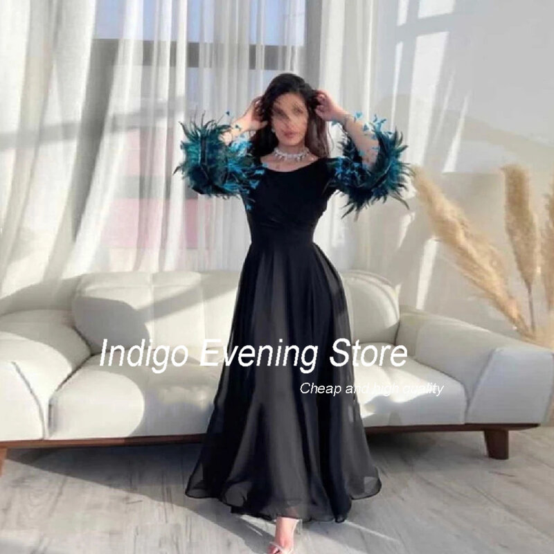 Indigo Prom Dresses A-Line Long Sleeve O-Neck Feather Open Back Ankle-Length Chiffon Elegant Evening Gowns For Women فساتين الس