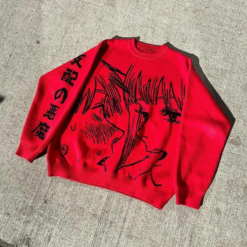 Pull en tricot imprimé dessin animé Harajuku pour hommes et femmes, pulls déchirés, haut pull, streetwear hip hop, trou détruit, Y2K