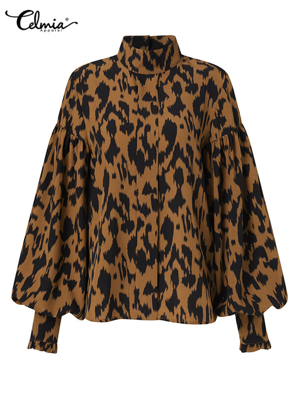 Celmia-Blusa con estampado de leopardo para mujer, camisa de manga farol, informal, cuello levantado, elegante, ropa de calle de gran tamaño, 2023