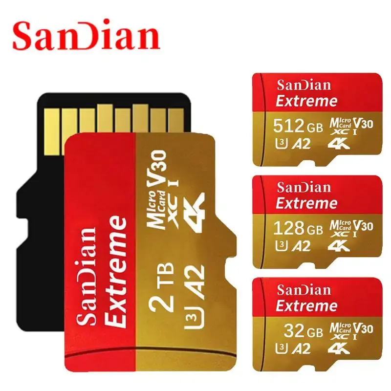 Sandian-cartão de memória micro sd para câmera, classe 10, 512gb, 1 também, 30 mb/s, a2, tf/sd, 100% original