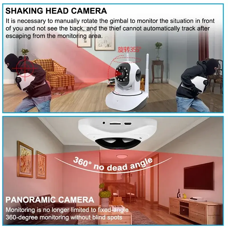 Perlindungan keamanan, kamera IP Smart Ho panorama Fisheye dengan penglihatan malam, kamera pengawasan CCTV, 360 derajat, WiFi, 1080P