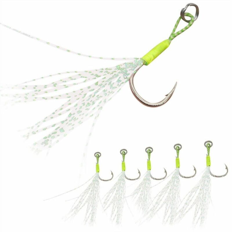 10pcs/Lot Luminous Fishing Lure Slow Jigging Fishing Cast Jigs Assist Hook Barbed Single Jig Hooks Thread Feather Pesca