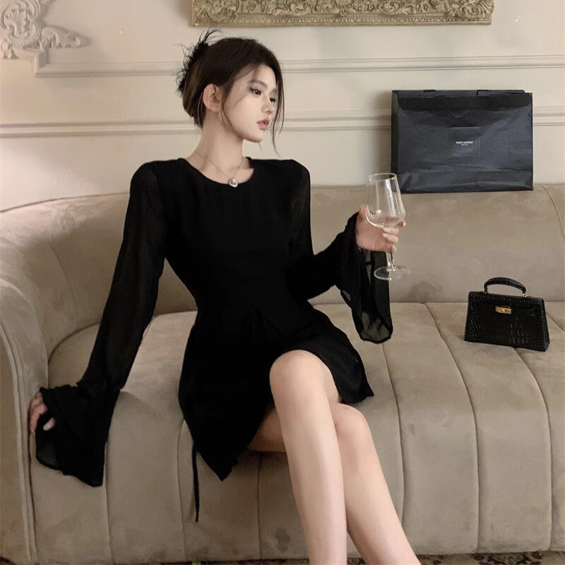 HOUZHOU gaun pendek hitam punggung terbuka untuk wanita elegan punggung terbuka Lace-up lengan panjang jala tipis gaun malam Mini musim panas