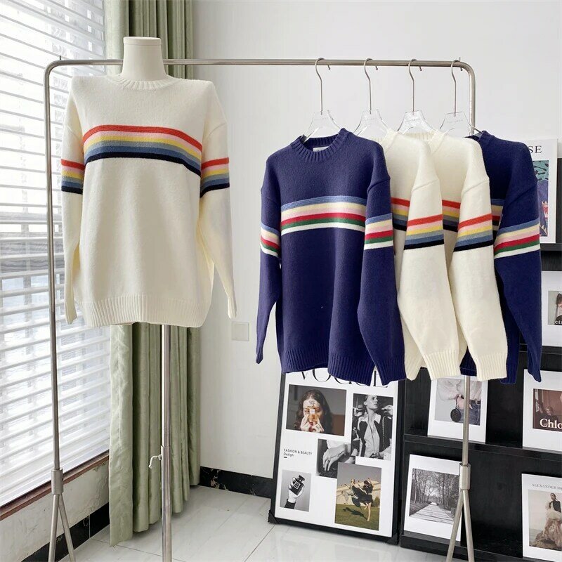 Women'c Chic Colorful Stripe Long Sleeve Sweater Autumn Winter O Neck Loose Jumper Lady Streetwear Pullover Knitted Top