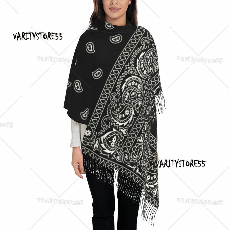 Schwarz-Weiß-Paisley-Chicano-Bandana-Stil Quasten schal Frauen Winter Herbst warme Schal Wrap Damen schwarz-weiße Schals
