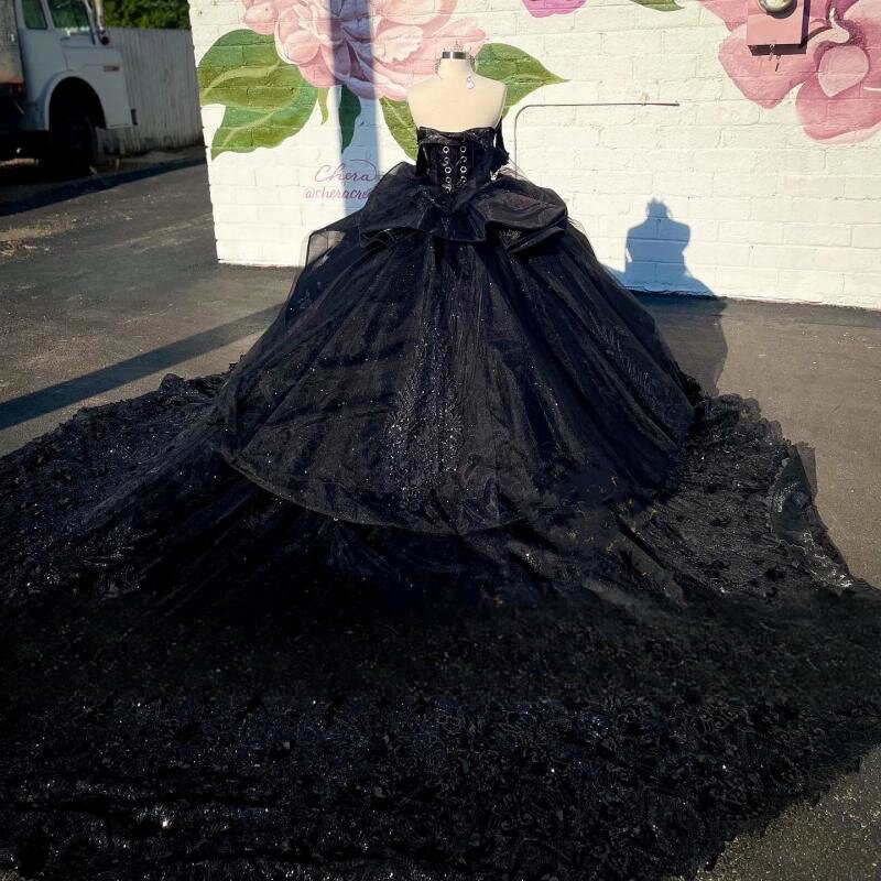 Luxo cristais pretos vestido de baile, vestidos Quinceanera, apliques, fora das contas de ombro, doce 16 vestido, 15