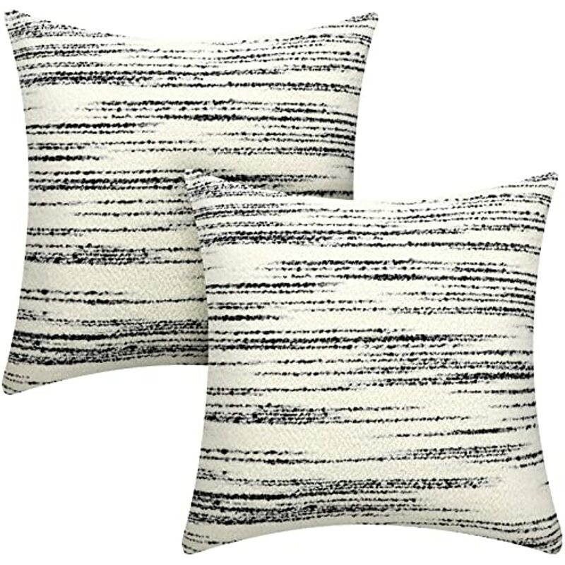 Fundas de almohada de bouclé de granja, cubiertas de almohada de rayas texturizadas en blanco y negro crema, cómodas y rústicas, color crema