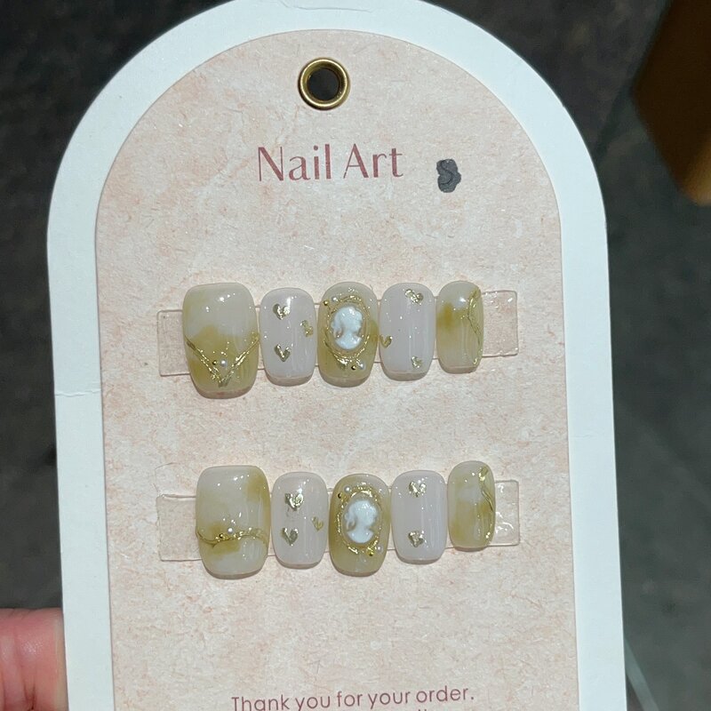 10Pcs Short Handmade Cat‘s Eye Press on Nails Ballet Full Cover French Design Coffin Cute Fake Nail Manicure Wearable Nail Tips