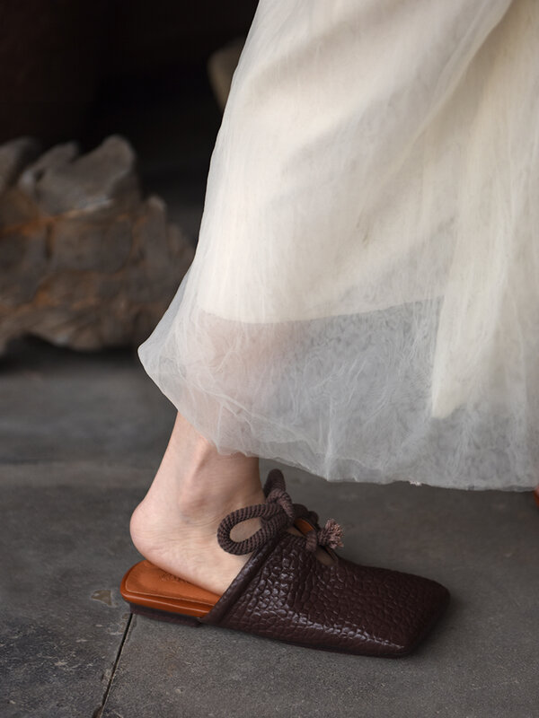 Artmu-Pantoufles carrées rétro en cuir véritable pour femmes, chaussures d'extérieur faites à la main, sandales de styliste, nouvelle collection été 2024