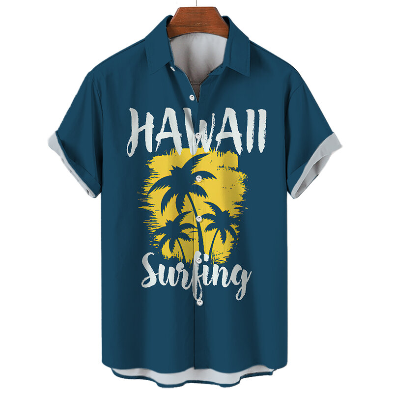 Hawaiian Men's Shirt Beach Short Sleeve Oversized Coconut Tree 3D Printing Neck Button Harajuku Tops For Men Fashion Clothes