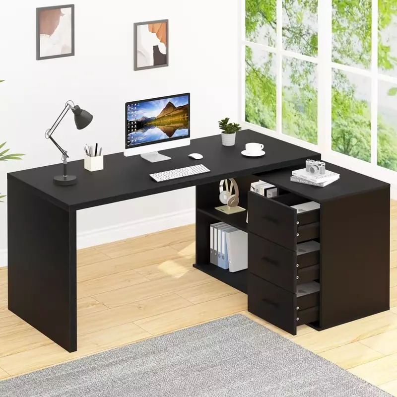 360 Rotating L-Shaped Computer Desk With Storage Cabinet Gray Corner Swivel Desk Wood Table for PC Executive Work Study Writing