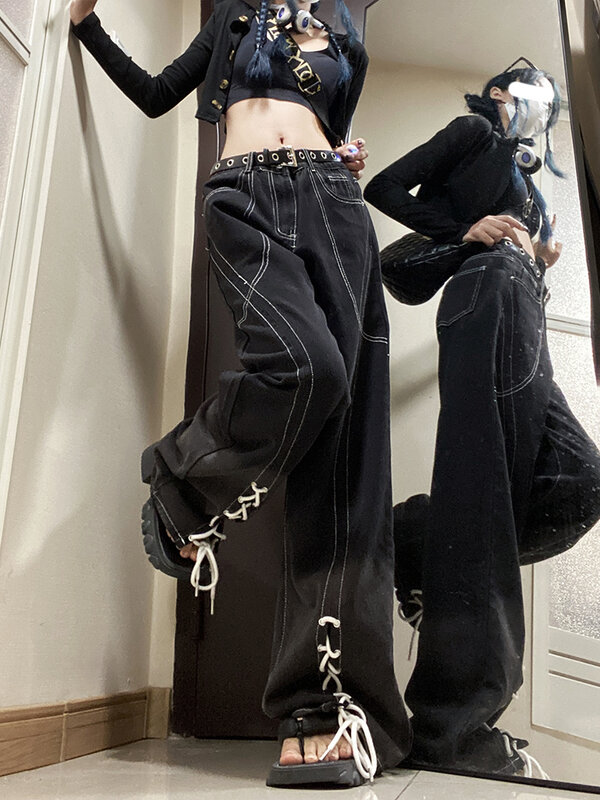 Женские винтажные джинсы на шнуровке, черные прямые свободные брюки с широкими штанинами, модель Y2K в американском стиле, 2022