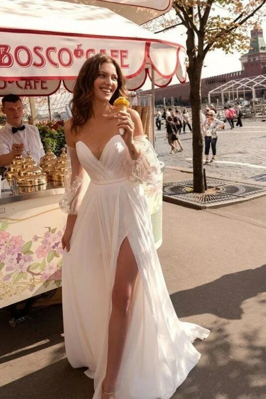 Сексуальное пляжное свадебное платье 2024, кружевное платье в стиле бохо со съемными рукавами, а-силуэт, с Боковым Разрезом, свадебные платья до пола, индивидуальный пошив