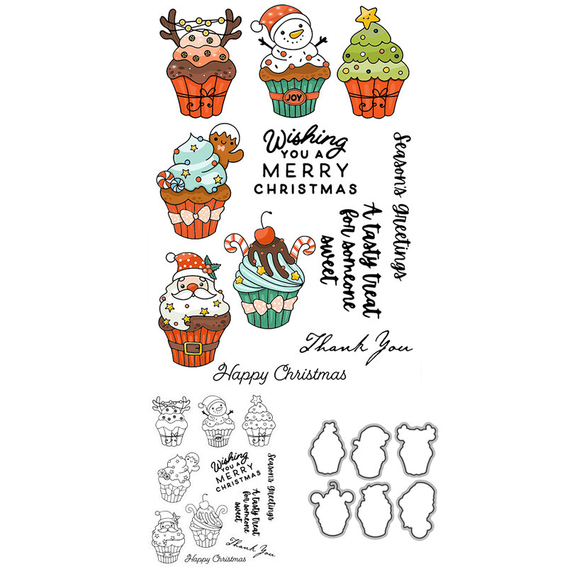 YIXUAN 2022 크리스마스 컵케익 절단 다이 클리어 스탬프 귀여운 산타 DIY 스크랩북 금속 다이 및 스탬프 종이 카드 장식