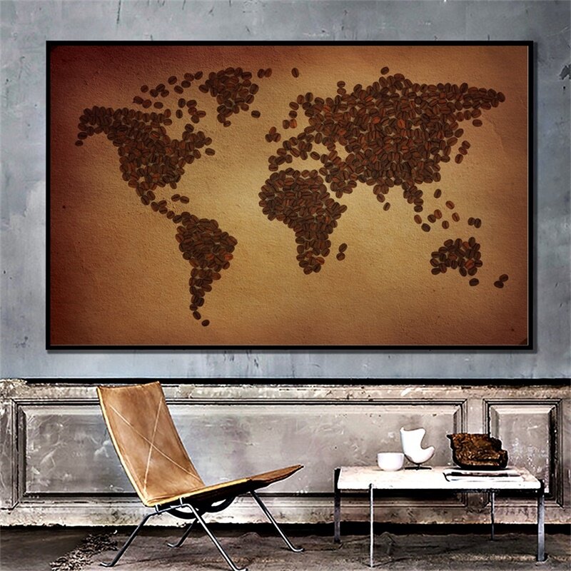 Carte du Monde Rétro Vintage, Pliable, Non Tissé, Assiette à Motif en Grains de Café, Décoration Murale pour la Maison et le Bureau, 150x100cm