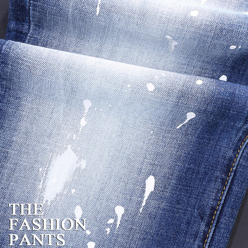 Odzież uliczna modne dżinsy męskie niebieskie w stylu Retro elastyczna rozciągliwe dopasowanie Fit malowana porwane jeansy mężczyzn połatana designerska spodnie dżinsowe w stylu Vintage