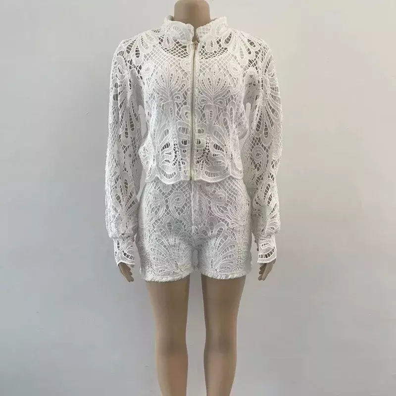 KEXU Lace Embroidery Hole Two 2 Piece Set for Women Beach Outfits Long Sleeve Tops and Shorts Matching Set Sexy Tracksuit