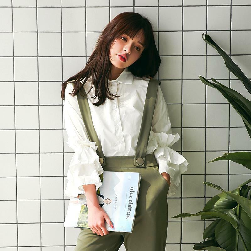 Новинка, рубашка с оборками на рукавах для весны и осени, женский свободный Приталенный топ в Корейском стиле, Модный Универсальный женский топ для студенток