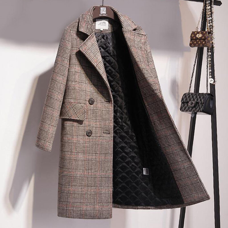 Casaco de lã solto manga comprida feminino, sobretudo de bolso xadrez, casaco casual, algodão, inverno, outono, 2022