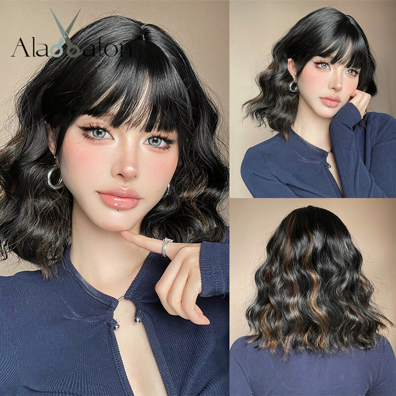 ALAN EATON Black Brown Highlight Short Wig Bob Curly Wigs Synthetic Hair with Bangs Heat Resistant Wig Natural Looking Daily Wig