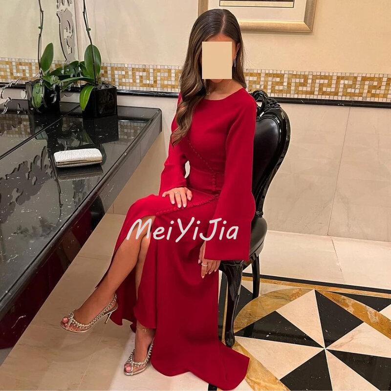 Meiyijia Abendkleid Saudi Perlen elegante Meerjungfrau Satin lange Ärmel Arabien sexy Abend Geburtstag Club Outfits Sommer