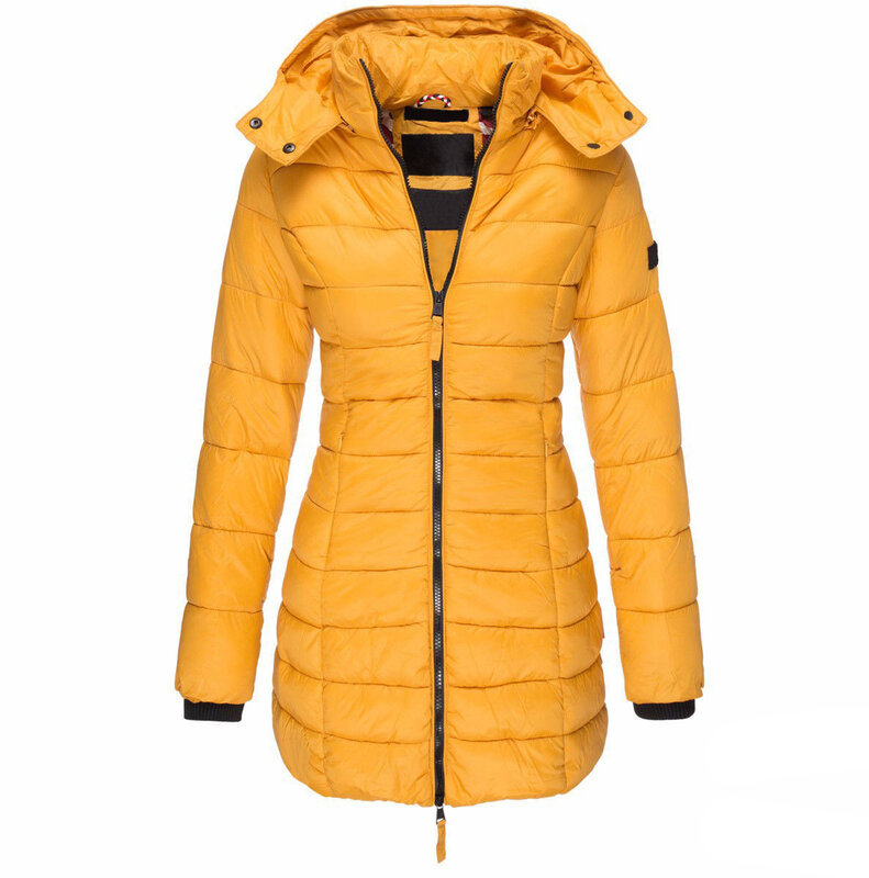 Mantel bertudung hangat untuk wanita, jaket katun tebal hangat warna polos, jaket katun ramping panjang musim dingin untuk wanita
