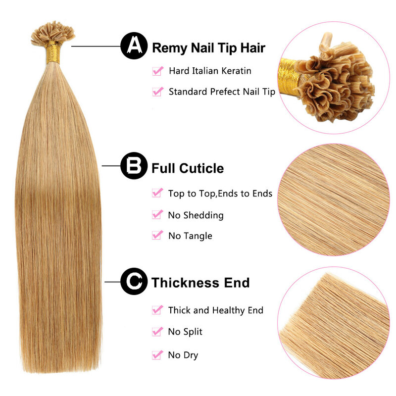 Extensiones de cabello humano liso Microlink I Tip, cabello Remy, 100 hebras/paquete, rubio miel #27, cabello virgen Micro Loop