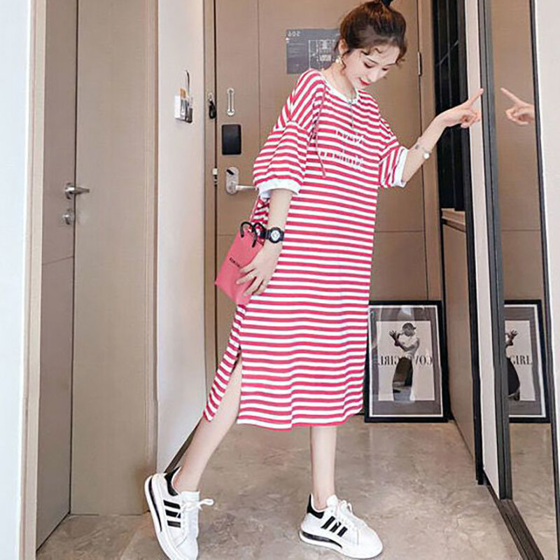 Mode O-Ausschnitt lose bedruckte Brief gestreifte Freizeit kleider weibliche Kleidung Sommer neue übergroße All-Match-Midi-Kleid