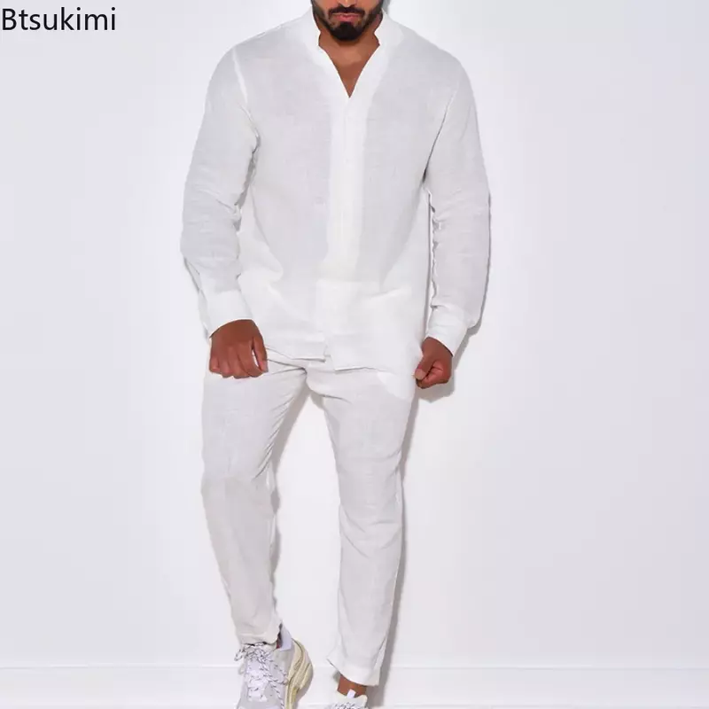 2024 Casual Long Sleeve Shirt and Pants Sets Men Solid Cotton Linen Tops Leisure Tees Trousers Suit Sets Fashion Tracksuit Male