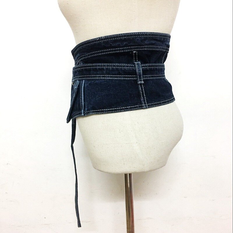 Tela vaquera asimétrica para mujer, cinturón Retro de moda coreana, vendaje de cintura Ultra ancha, vestido de cierre personalizado, cintas de papel azul