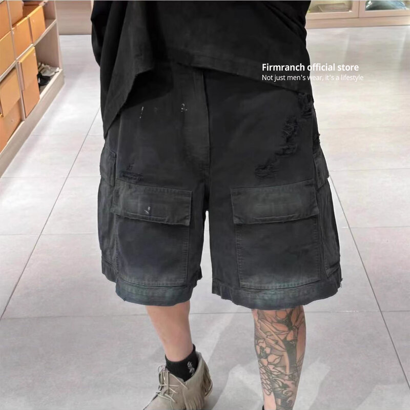 Firmranch 2024 Summer Baggy Ripped Cargo Shorts For Men Women Multi-pocket Wide Legs Casual Short Pants With Waistline Buckle