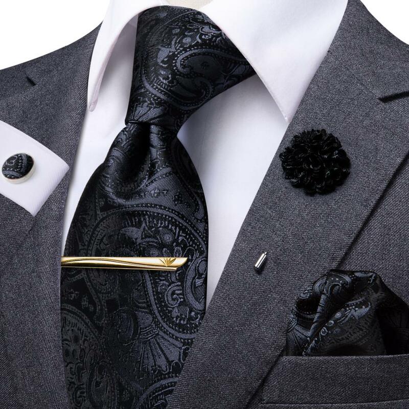 Hi-Tie Business Brown Black Striped Tie For Men Silk Mens Elegant Tie Clip Brooch Hanky Cufflink Set Gift For Men Luxury Necktie