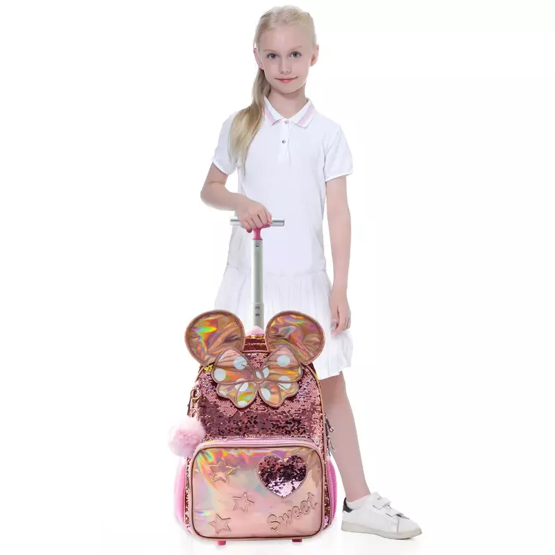 Tas sekolah anak perempuan, 3 buah tas sekolah untuk anak perempuan dengan tas beroda payet kartun lucu 16 ", koper troli Mochila untuk anak-anak