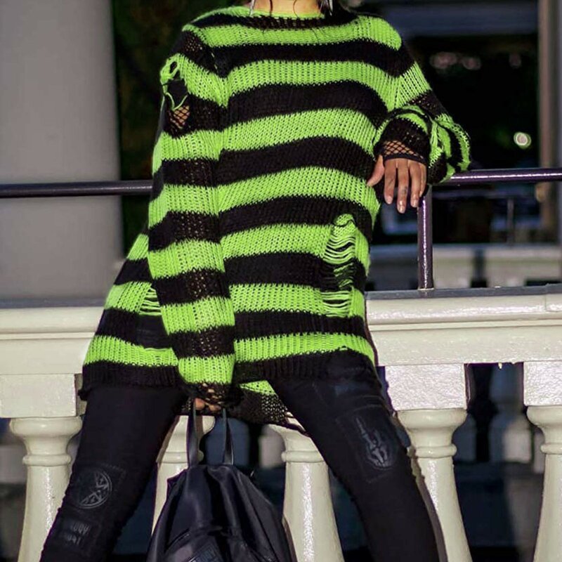 Punkowy gotycki długi sweter Unisex letni damski w paski fajny sweter z dziurami, luźny, cienki, ciemny Top w stylu Streetwear